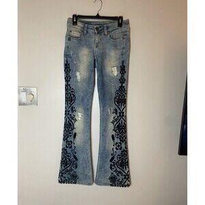 John John Denim Women’s Jeans Blue w/ Black Velvet Detail Boho Flare 28 X 34